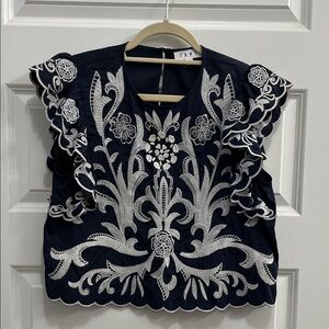 THML Navy Top with White Floral Cutwork Embroidery